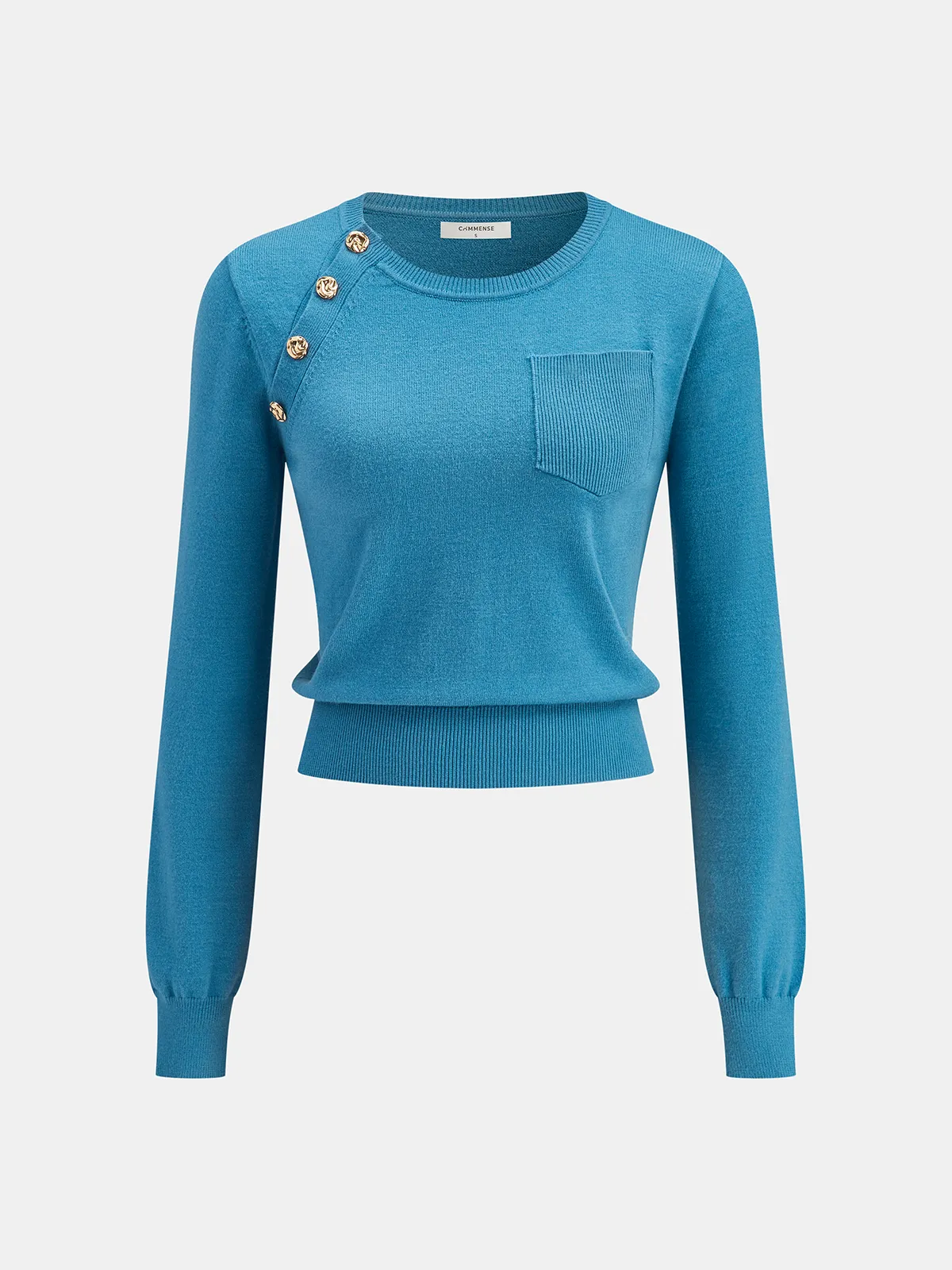 Asymmetrical Metal Button Knit Top sold by COMMENSE