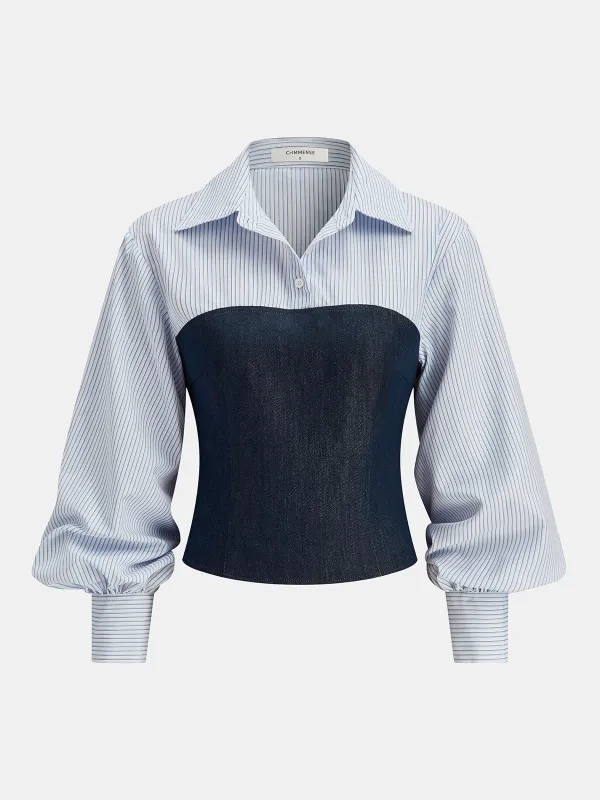 Denim Panel Striped Shirt sold by COMMENSE