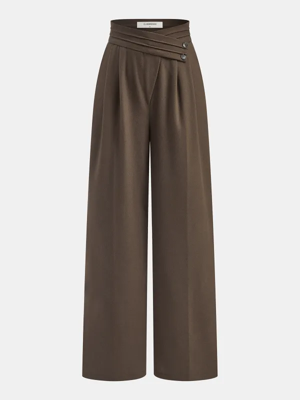 Asymmetrical Waistband Pleated Wide Leg Pants sold by COMMENSE