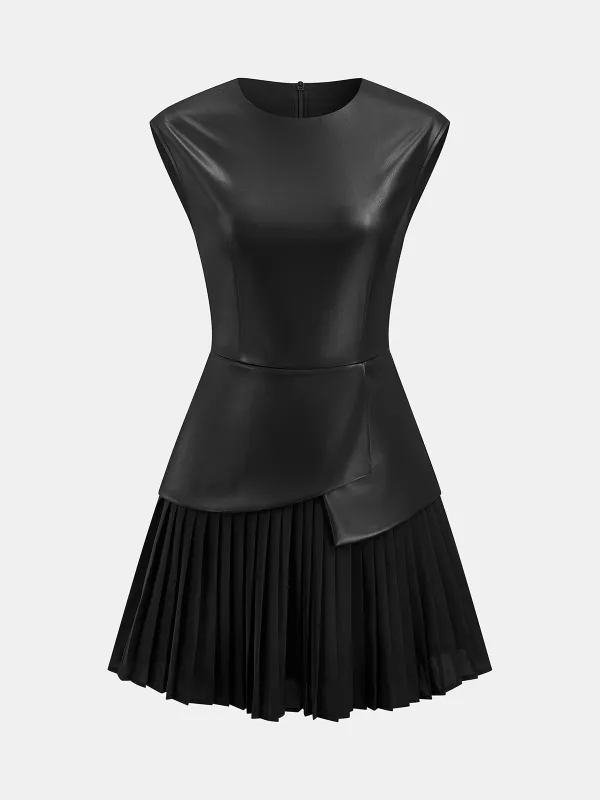 Pleated Panel Sleeveless PU Leather Dress sold by COMMENSE