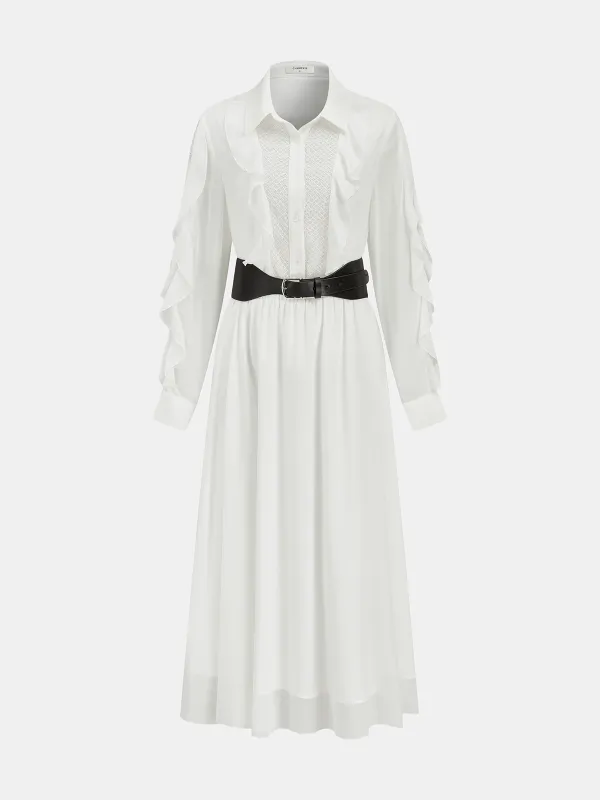 Ruffled Shirt and Midi Skirt Set with Belt sold by COMMENSE