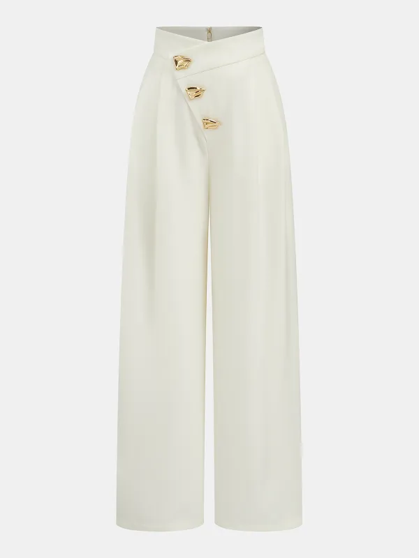 Mid-Waist Asymmetric Metal Detail Wide-Leg Pants sold by COMMENSE