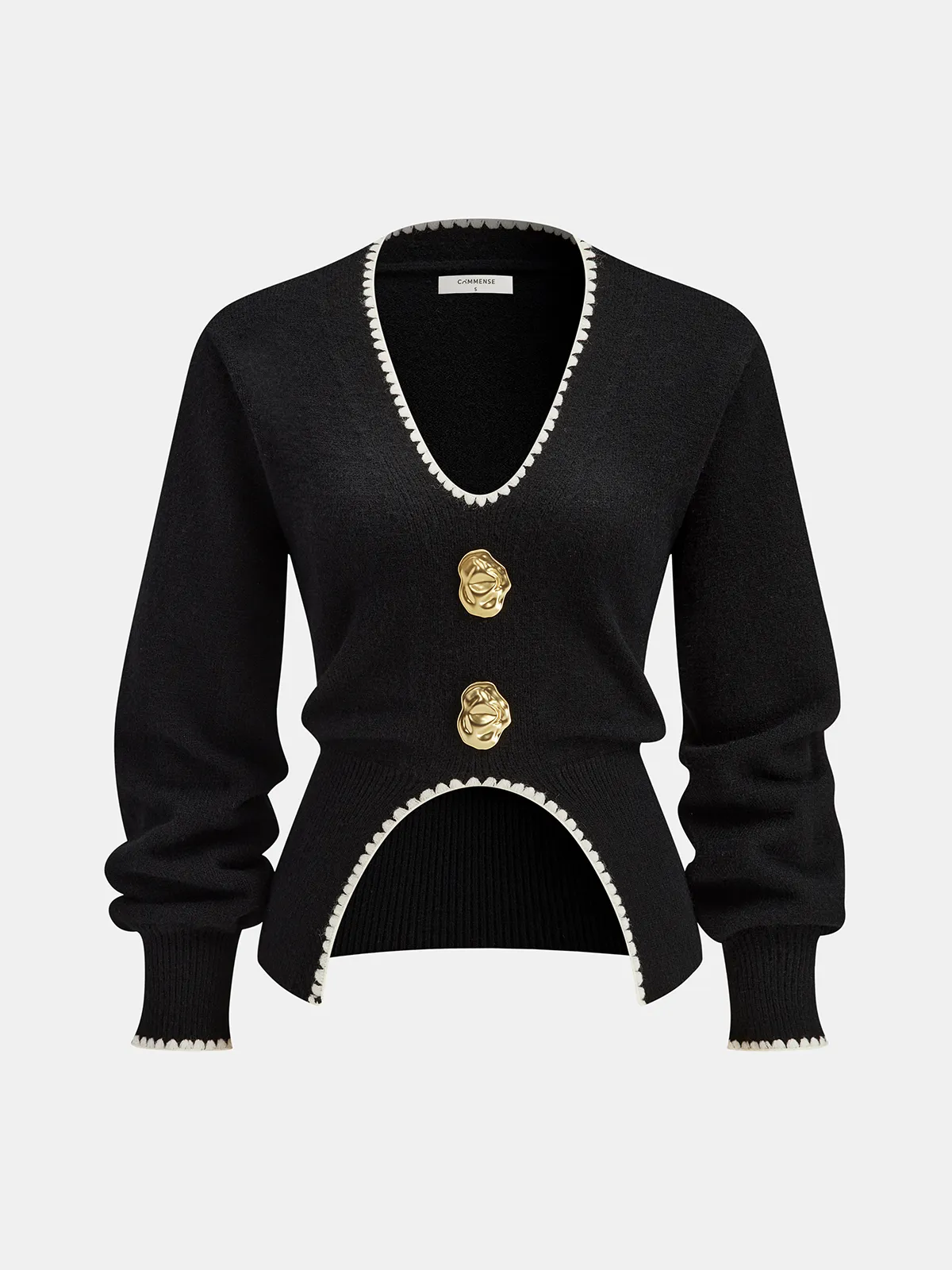 Buttoned Contrast Fringe Split Sweater sold by COMMENSE