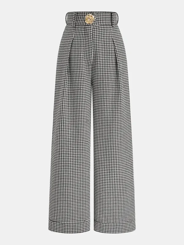Houndstooth Pleated Buttoned Wide Leg Pants sold by COMMENSE