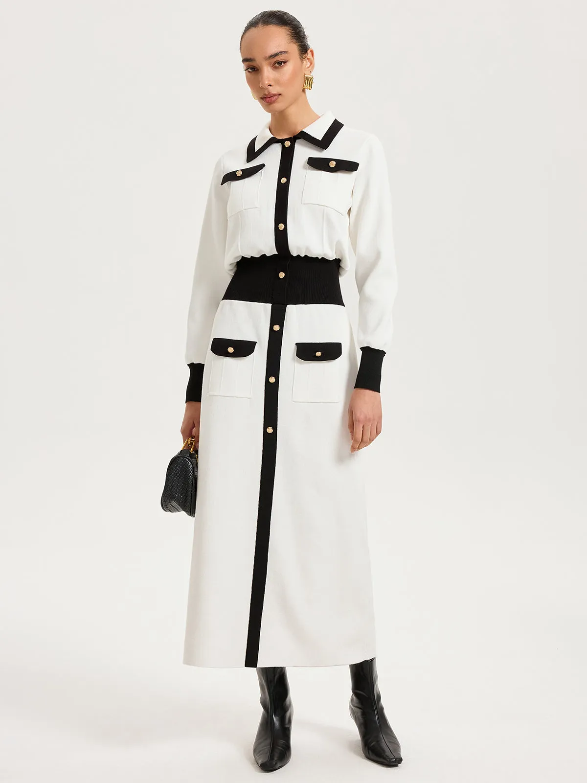 Collared Metal Button Contrast Trim Knit Maxi Dress sold by COMMENSE product image thumbnail 2