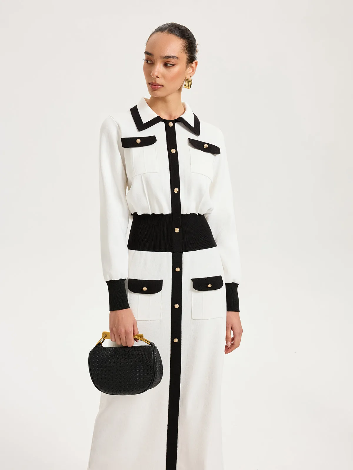 Collared Metal Button Contrast Trim Knit Maxi Dress sold by COMMENSE product image thumbnail 5