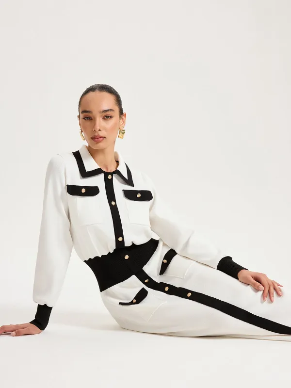 Collared Metal Button Contrast Trim Knit Maxi Dress sold by COMMENSE