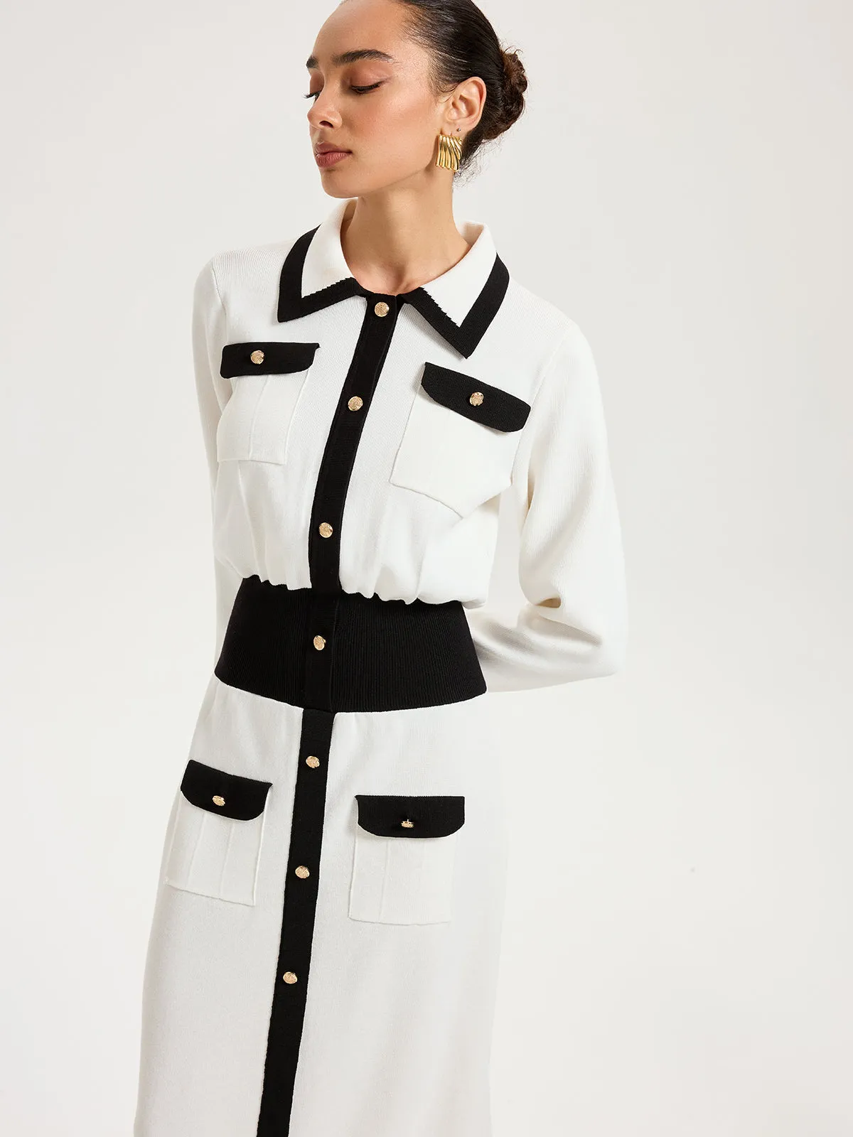 Collared Metal Button Contrast Trim Knit Maxi Dress sold by COMMENSE product image thumbnail 3