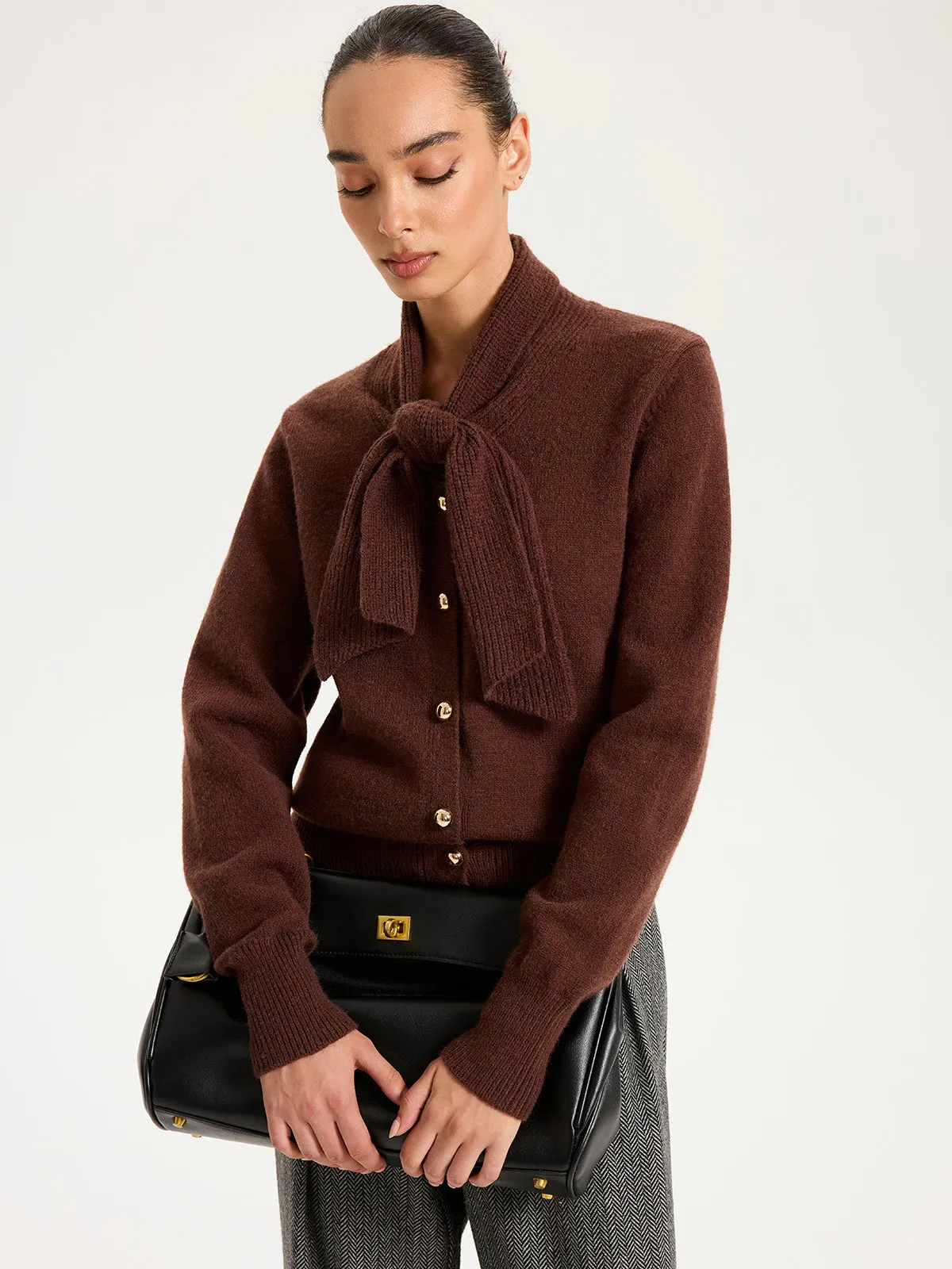 Tie-Neck Metal Button Knit Cardigan sold by COMMENSE product image thumbnail 5