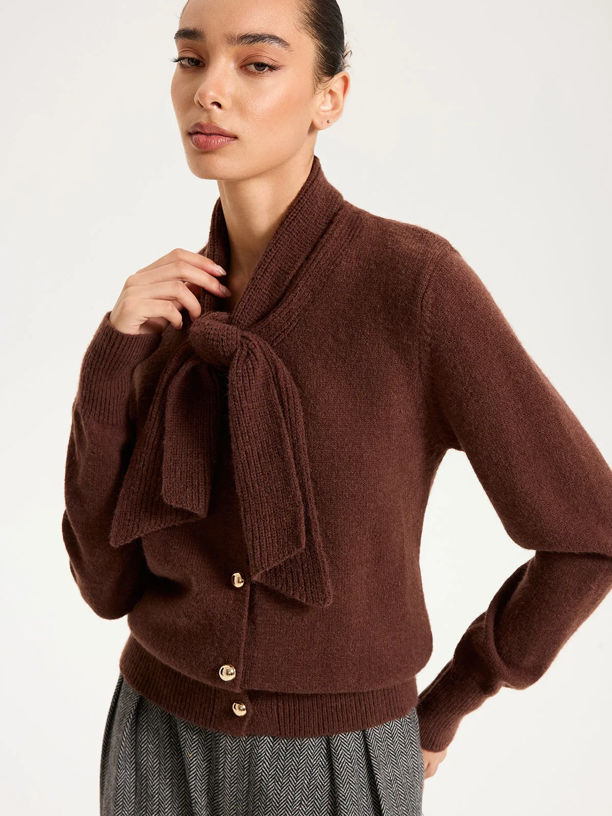 Tie-Neck Metal Button Knit Cardigan sold by COMMENSE product image thumbnail 2