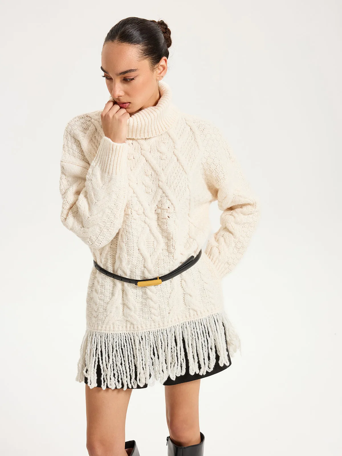 Fringe Hem Cable-Knit Turtleneck Sweater sold by COMMENSE product image thumbnail 5