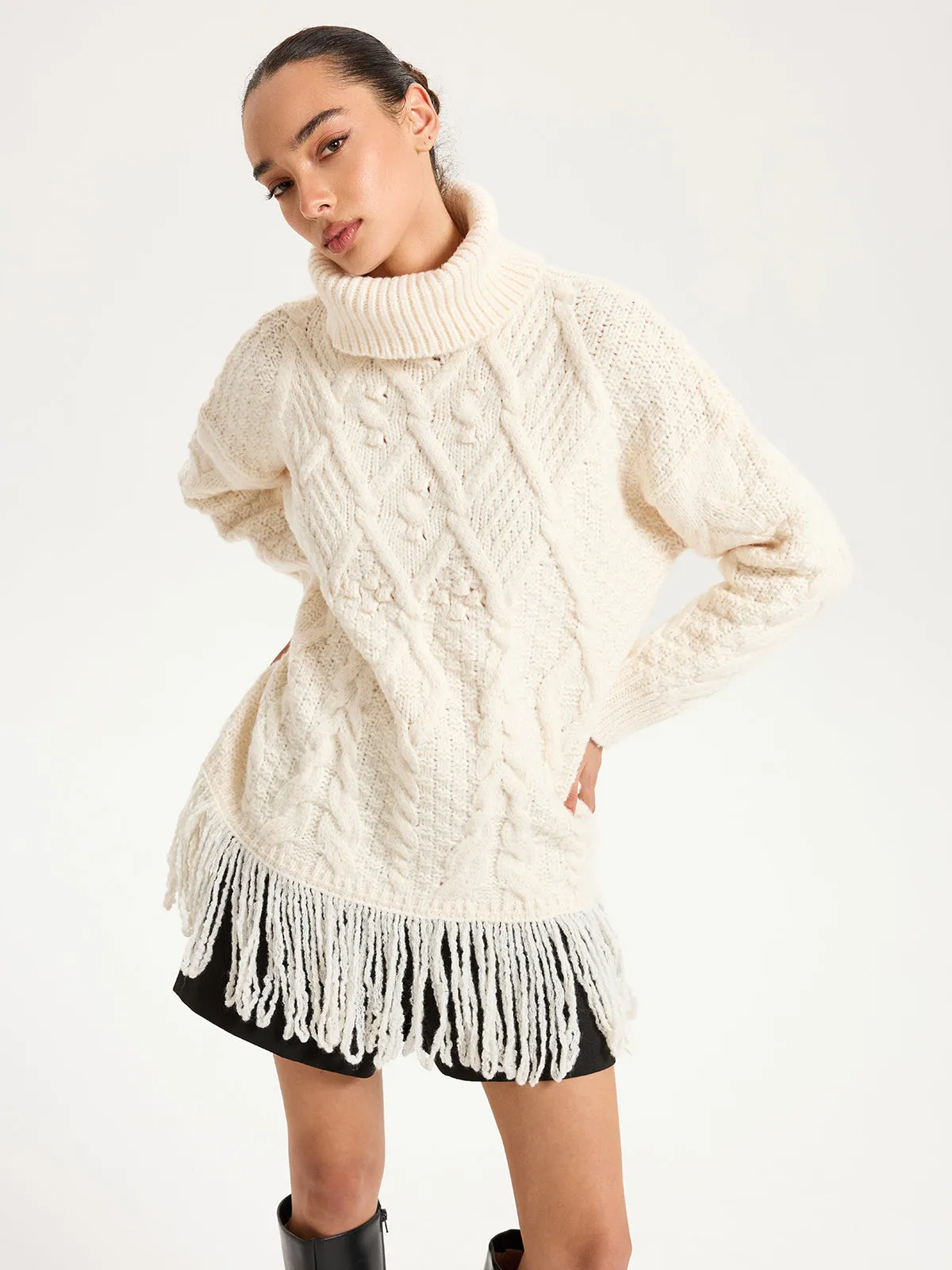 Fringe Hem Cable-Knit Turtleneck Sweater sold by COMMENSE product image thumbnail 3