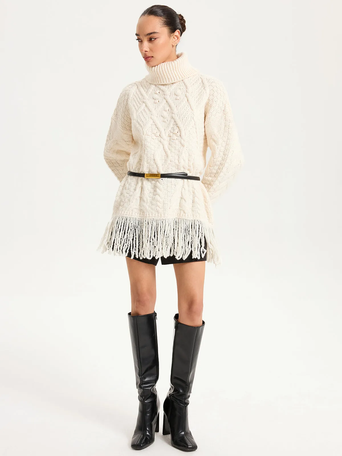 Fringe Hem Cable-Knit Turtleneck Sweater sold by COMMENSE product image thumbnail 2