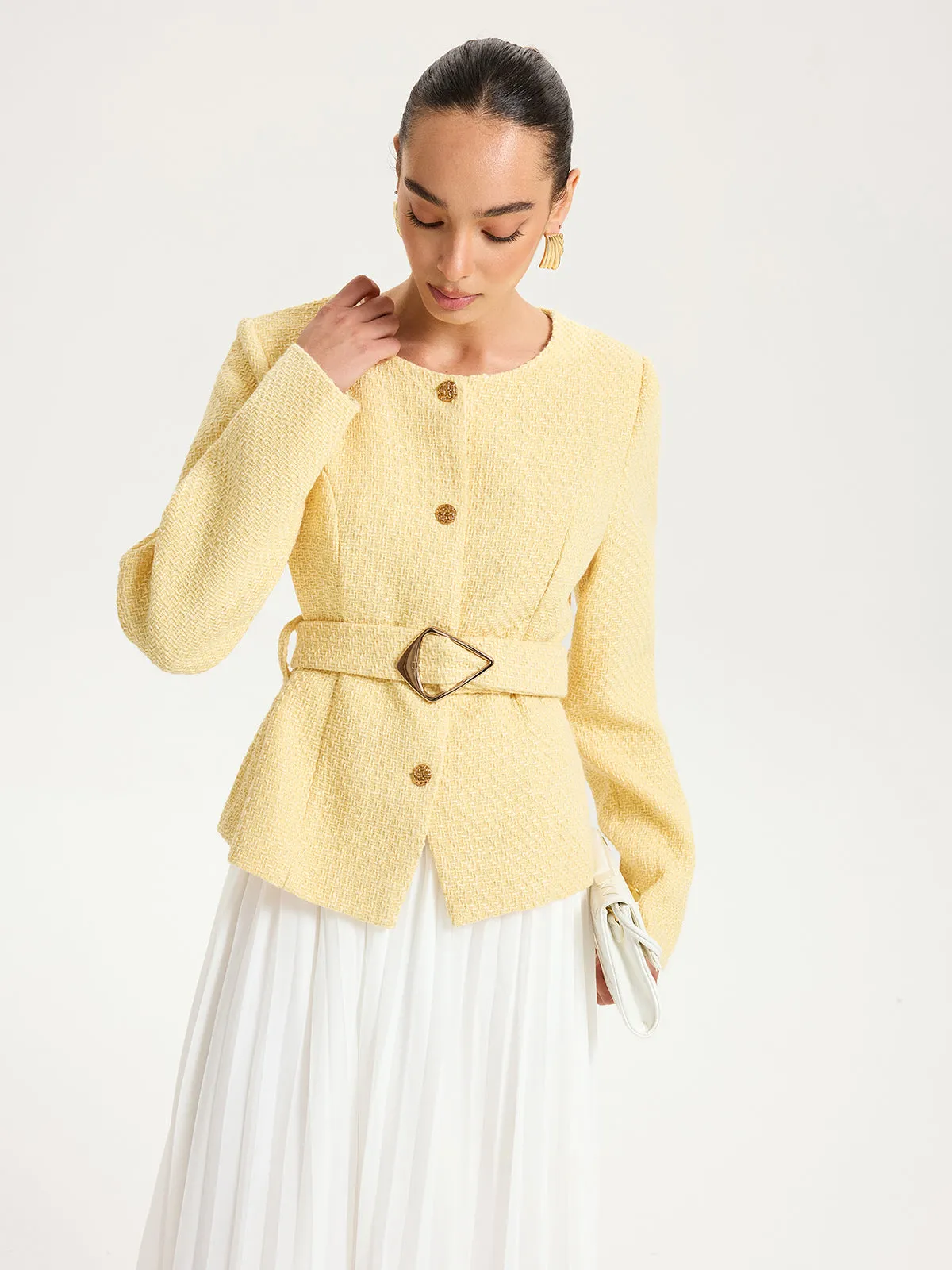 Tweed Belted Button-Front Blazer sold by COMMENSE product image thumbnail 3