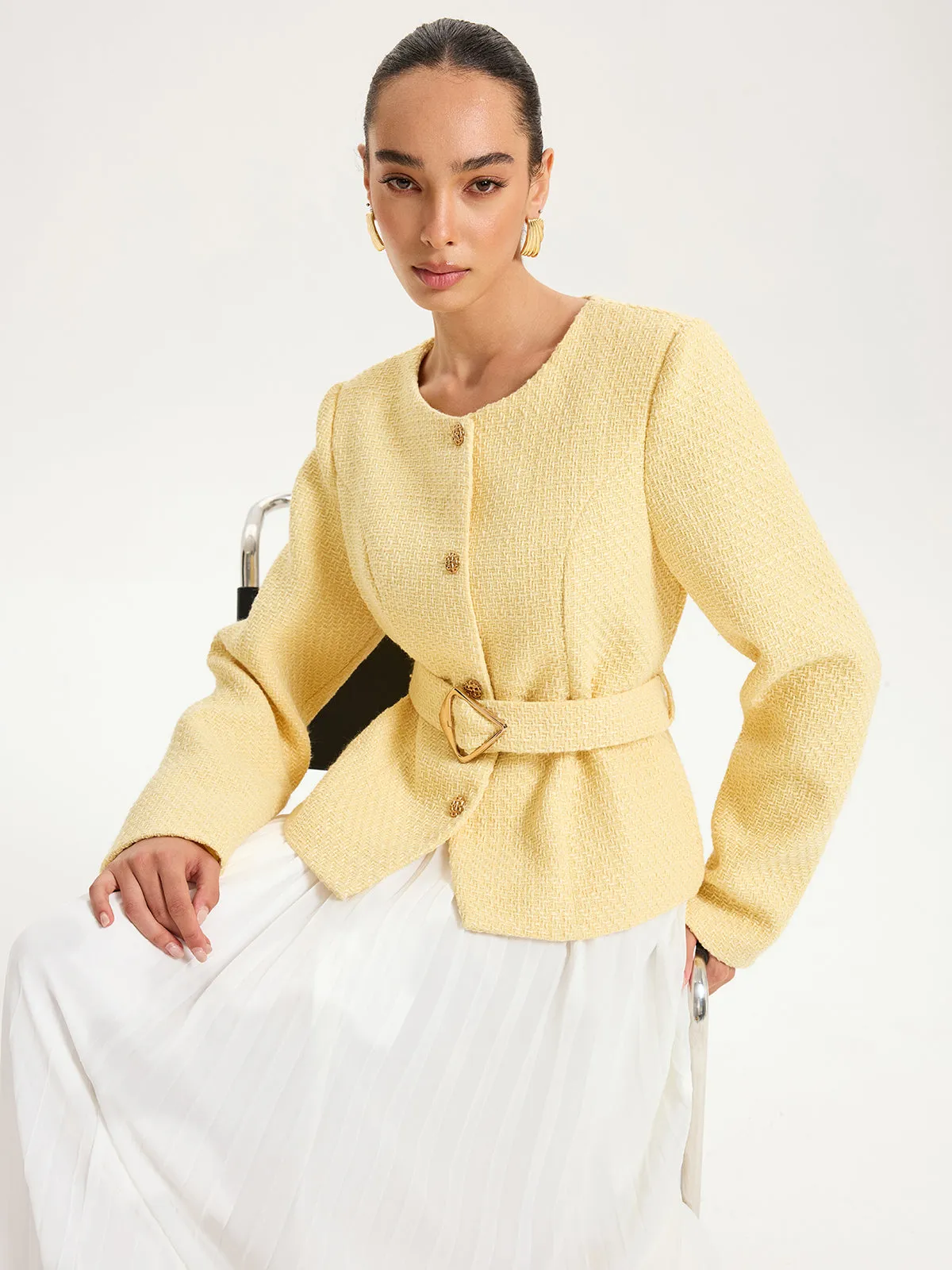 Tweed Belted Button-Front Blazer sold by COMMENSE product image thumbnail 5