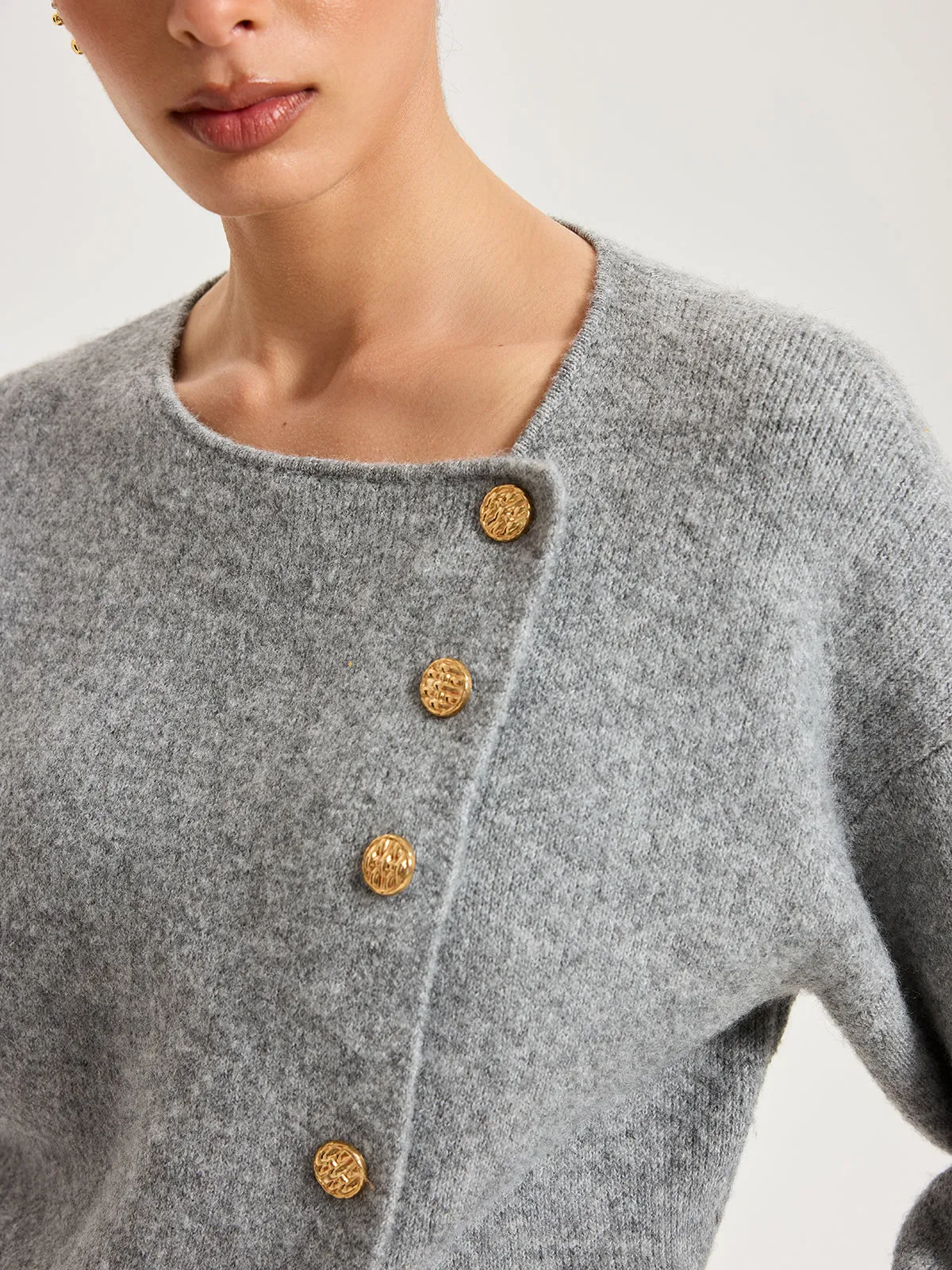 Asymmetric Metal Button Wool-Blend Cardigan sold by COMMENSE product image thumbnail 4