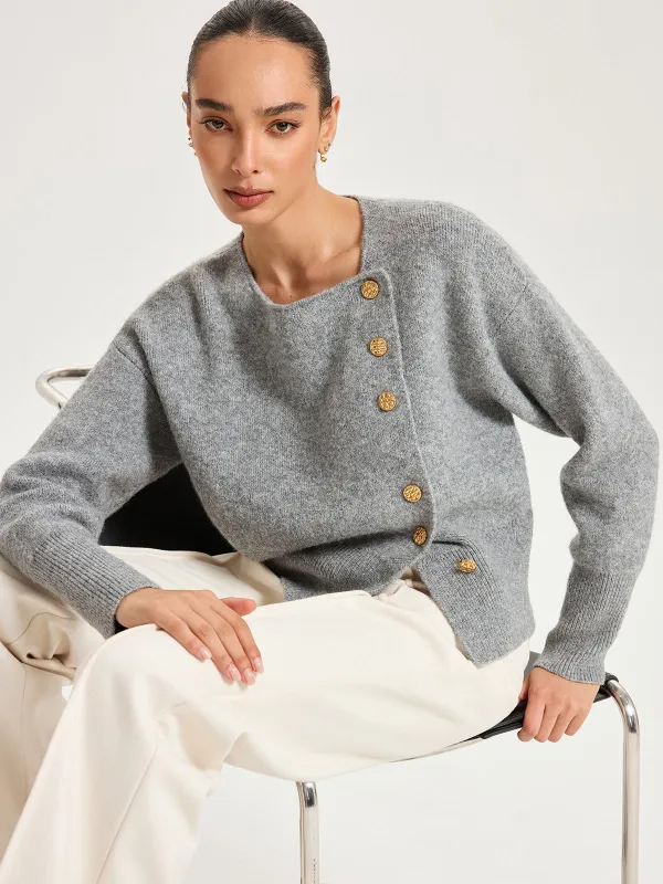 Asymmetric Metal Button Wool-Blend Cardigan sold by COMMENSE