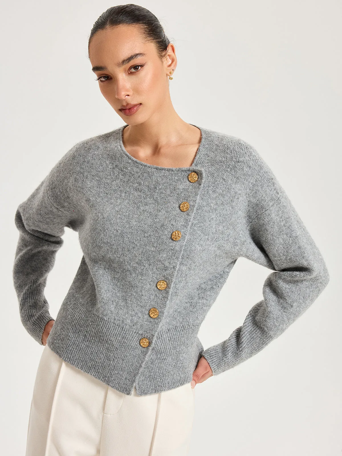 Asymmetric Metal Button Wool-Blend Cardigan sold by COMMENSE product image thumbnail 2