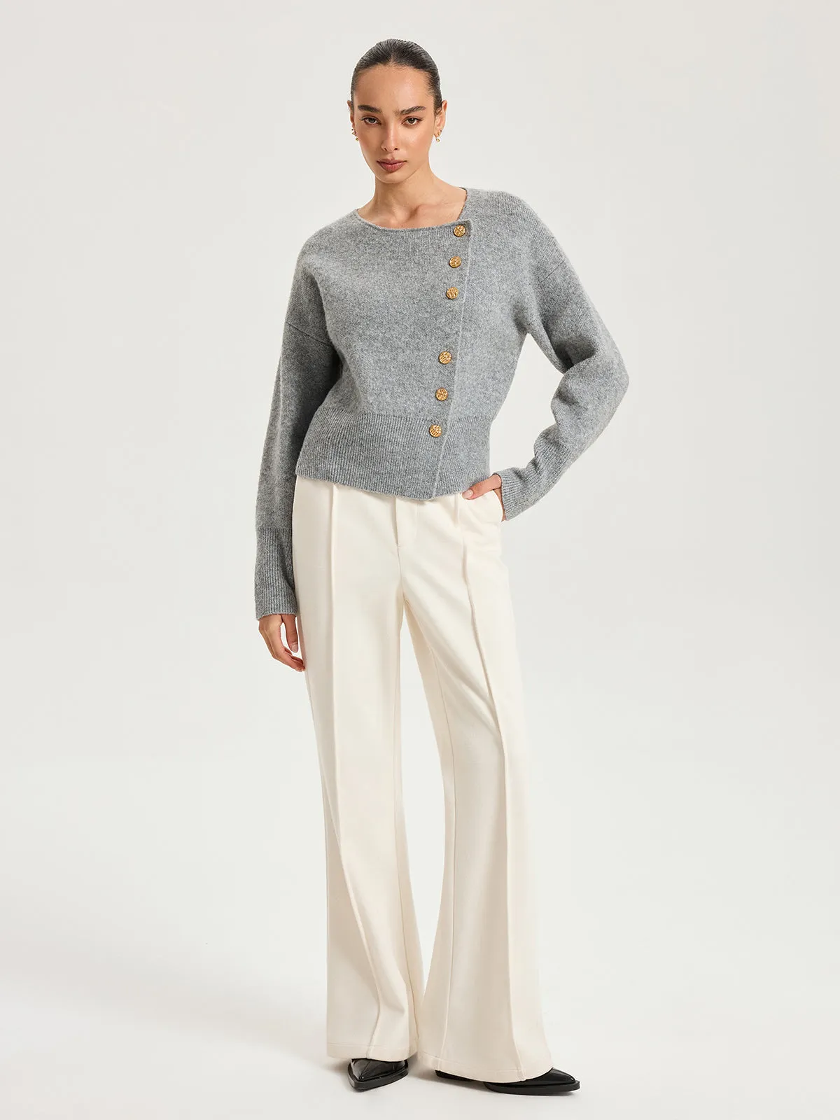 Asymmetric Metal Button Wool-Blend Cardigan sold by COMMENSE product image thumbnail 3