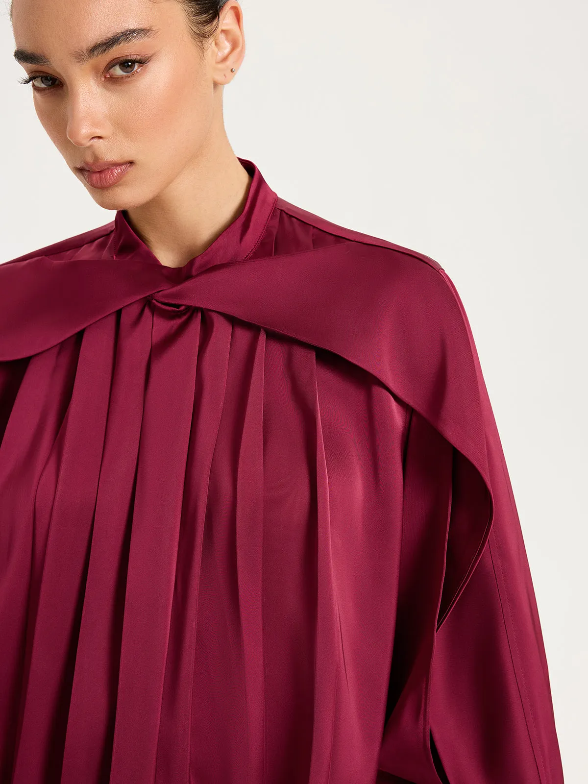 Satin Pleated Blouse with Cut-Out Sleeve sold by COMMENSE product image thumbnail 4