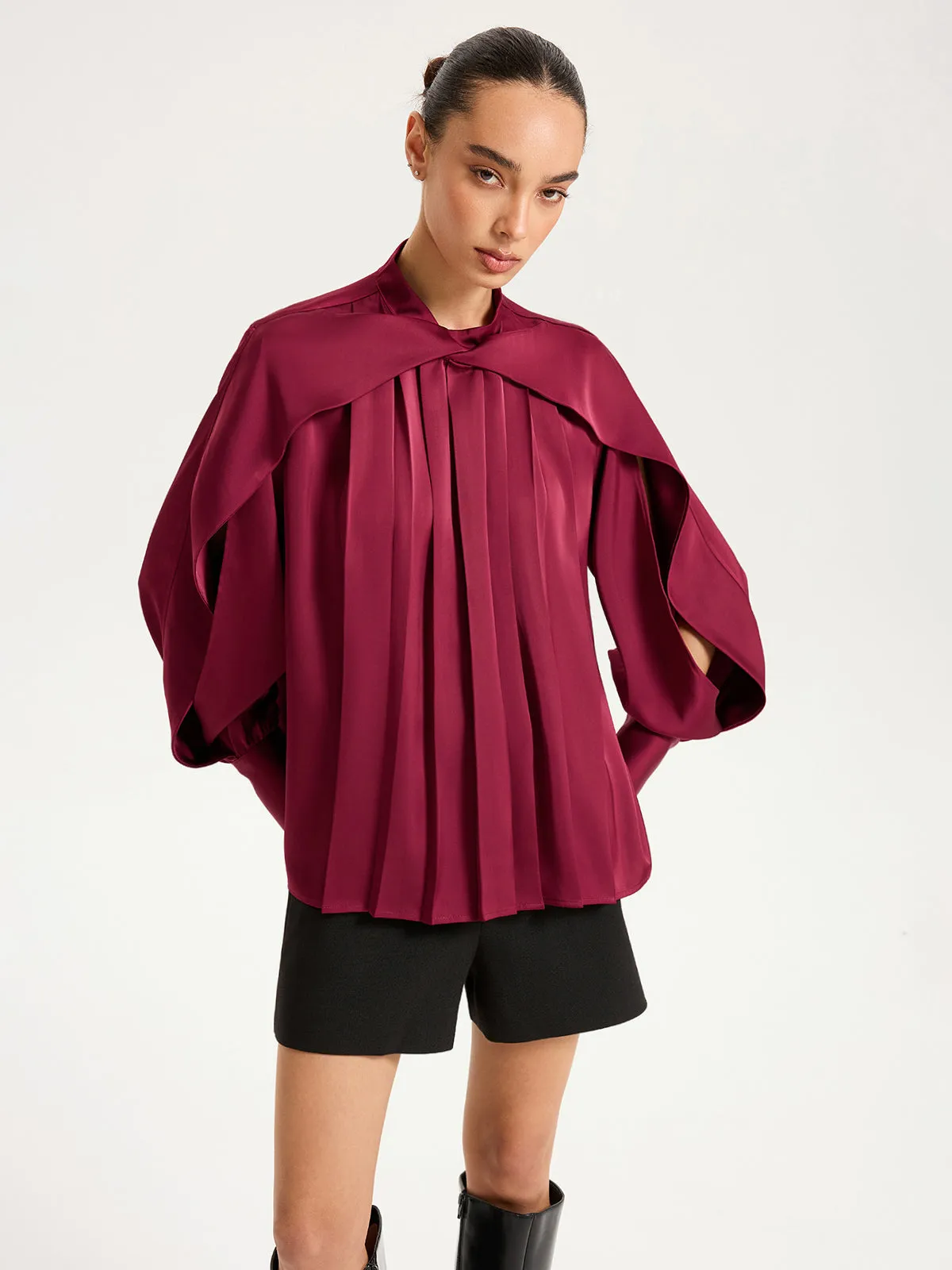 Satin Pleated Blouse with Cut-Out Sleeve sold by COMMENSE product image thumbnail 3