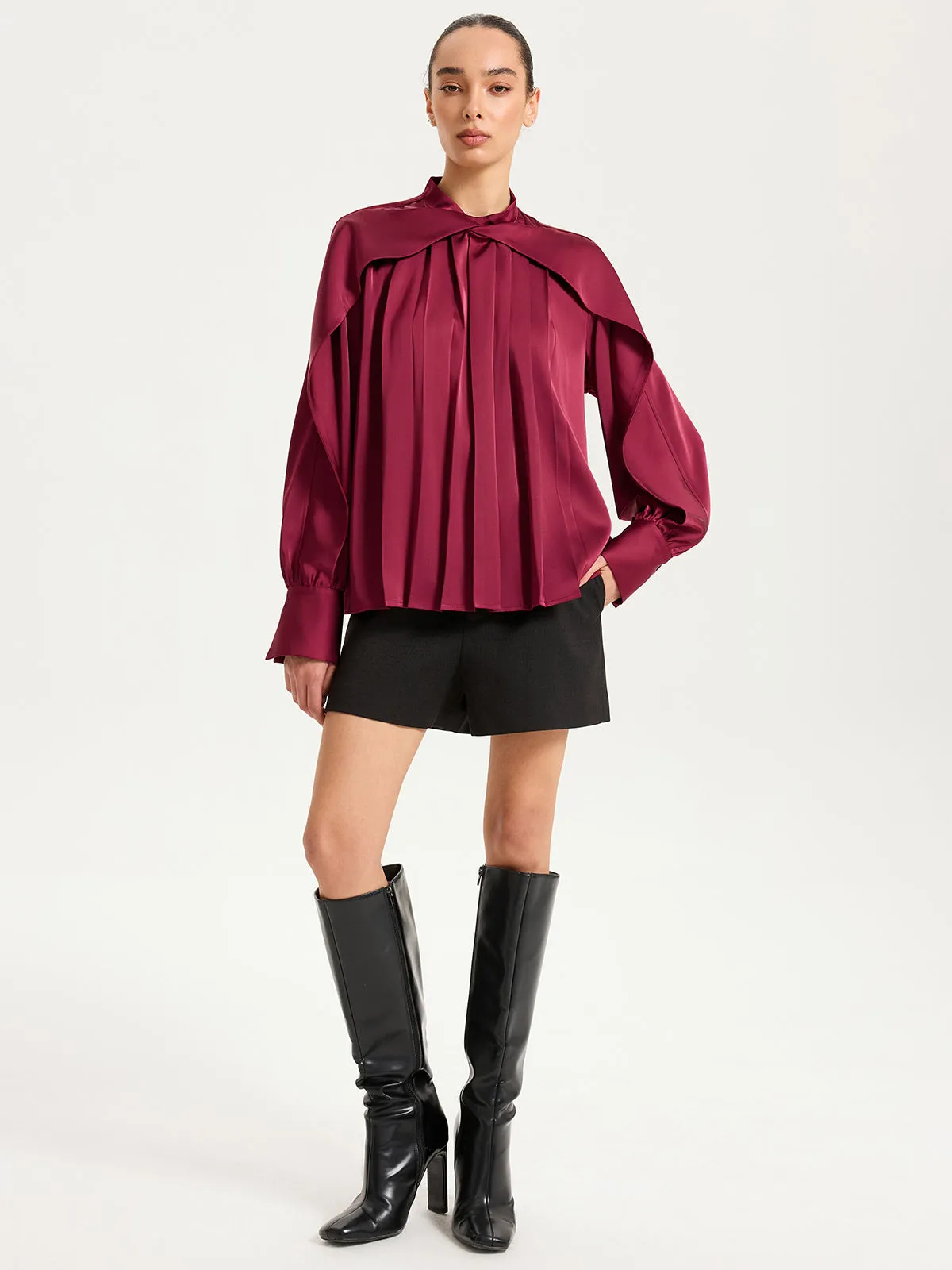 Satin Pleated Blouse with Cut-Out Sleeve sold by COMMENSE product image thumbnail 2