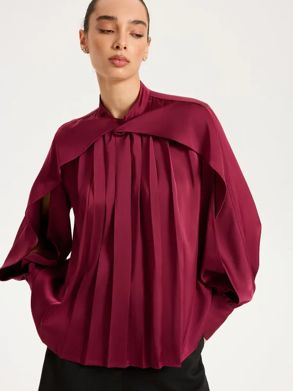 Satin Pleated Blouse with Cut-Out Sleeve sold by COMMENSE