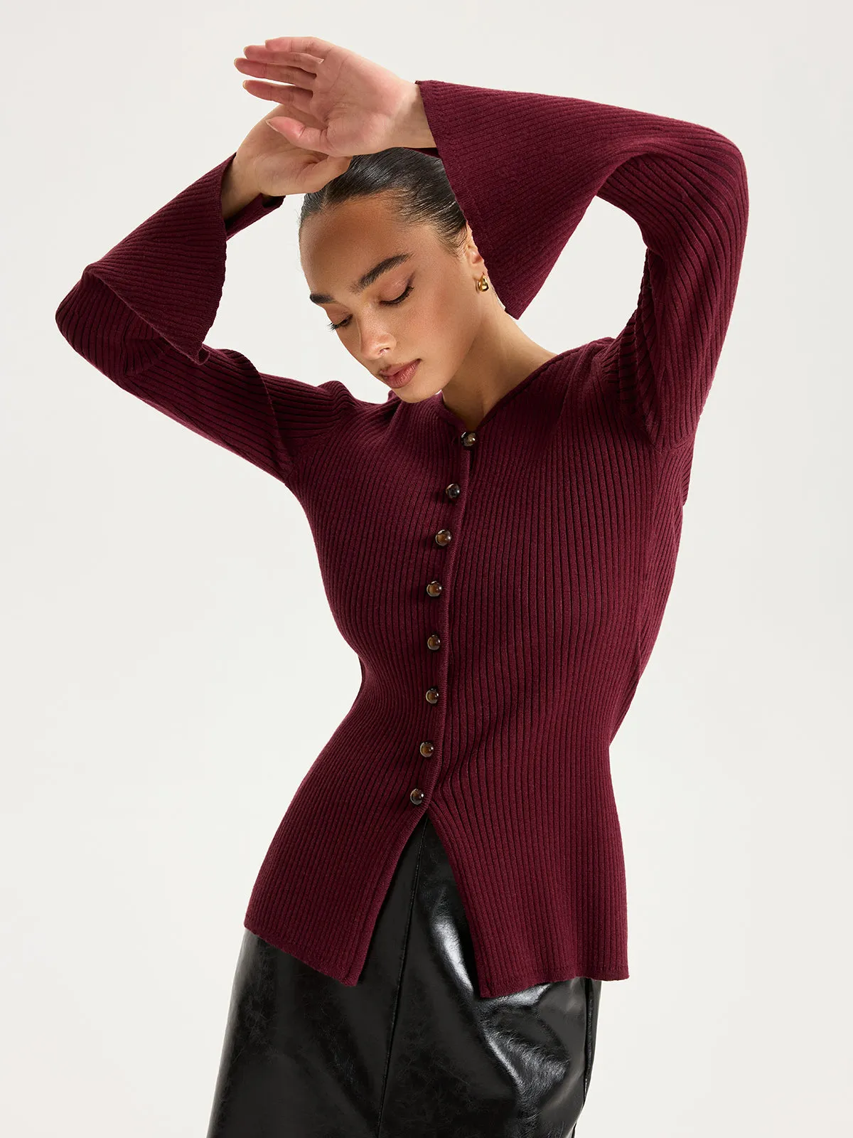 Button-Front Ribbed Knit Top sold by COMMENSE product image thumbnail 2