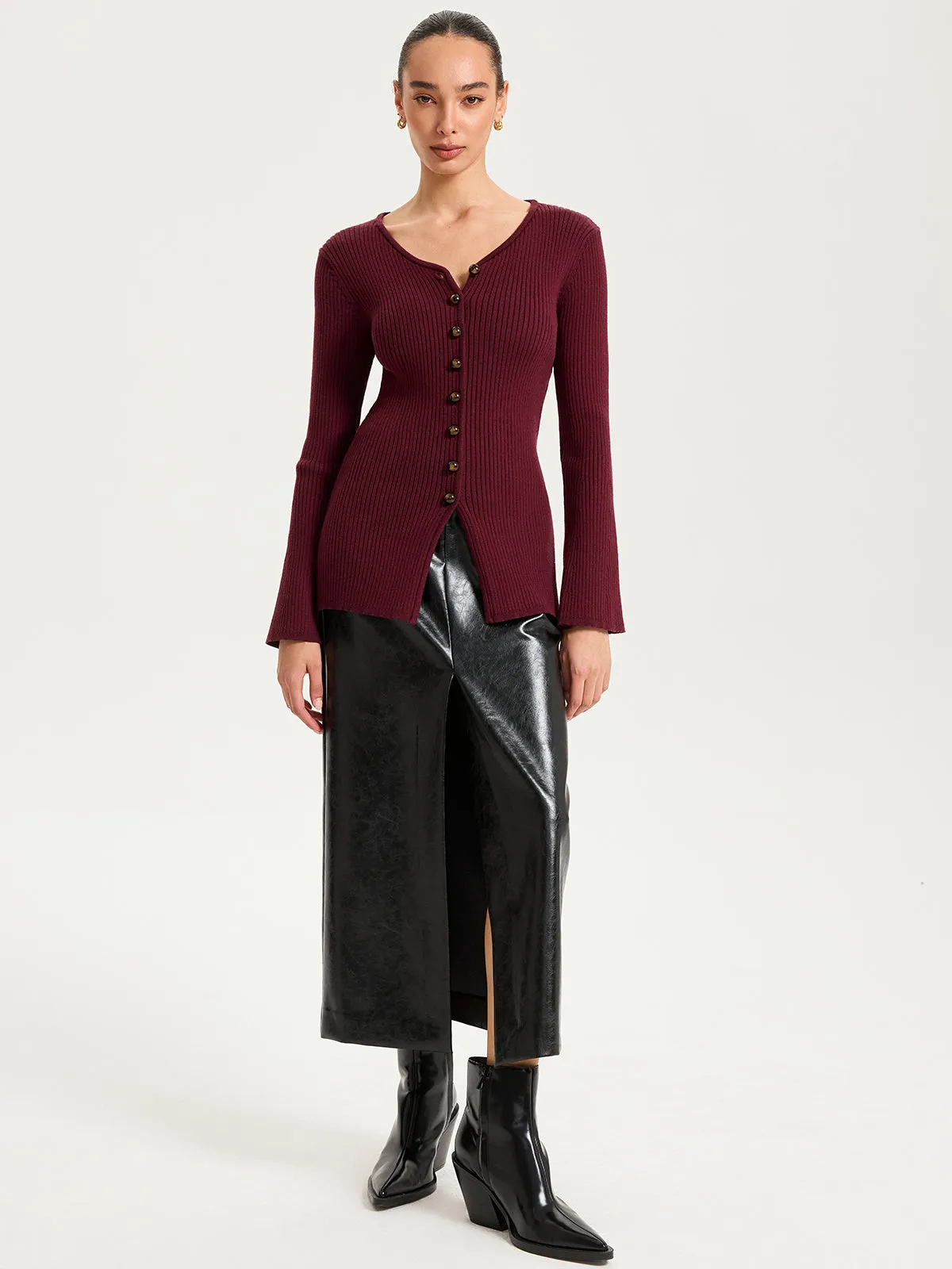 Button-Front Ribbed Knit Top sold by COMMENSE product image thumbnail 3