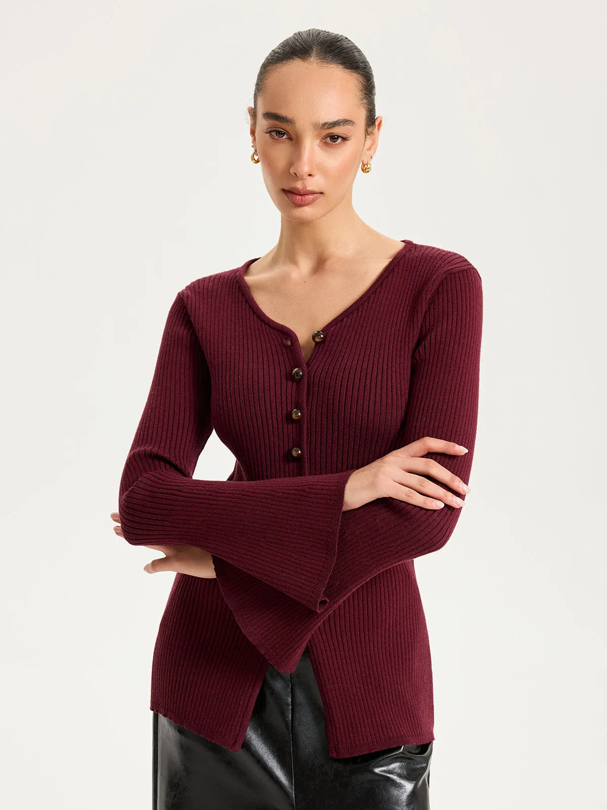 Button-Front Ribbed Knit Top sold by COMMENSE product image thumbnail 5