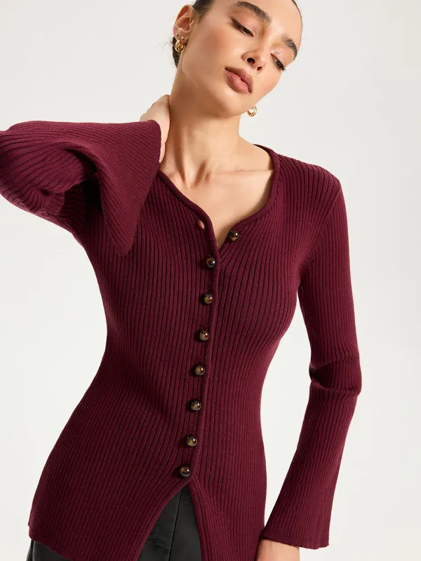 Button-Front Ribbed Knit Top sold by COMMENSE