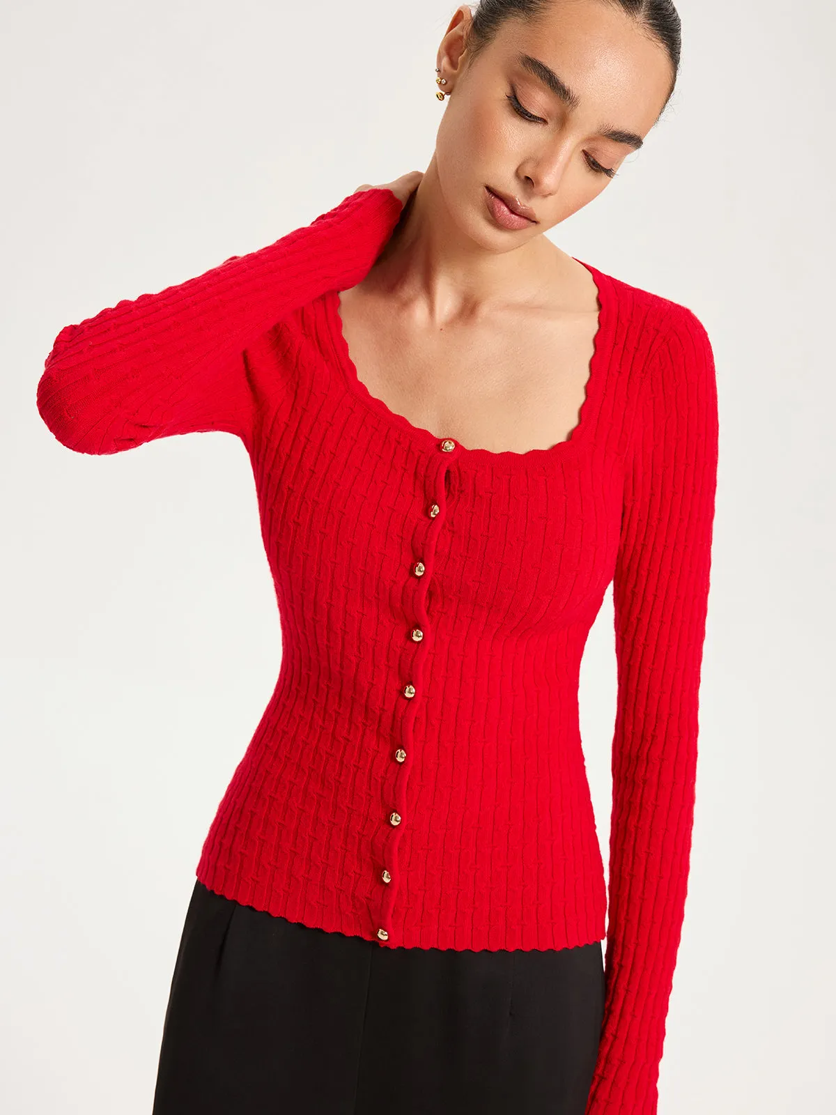 Wool-Blend Cable-Knit Metal Button Cardigan sold by COMMENSE product image thumbnail 4
