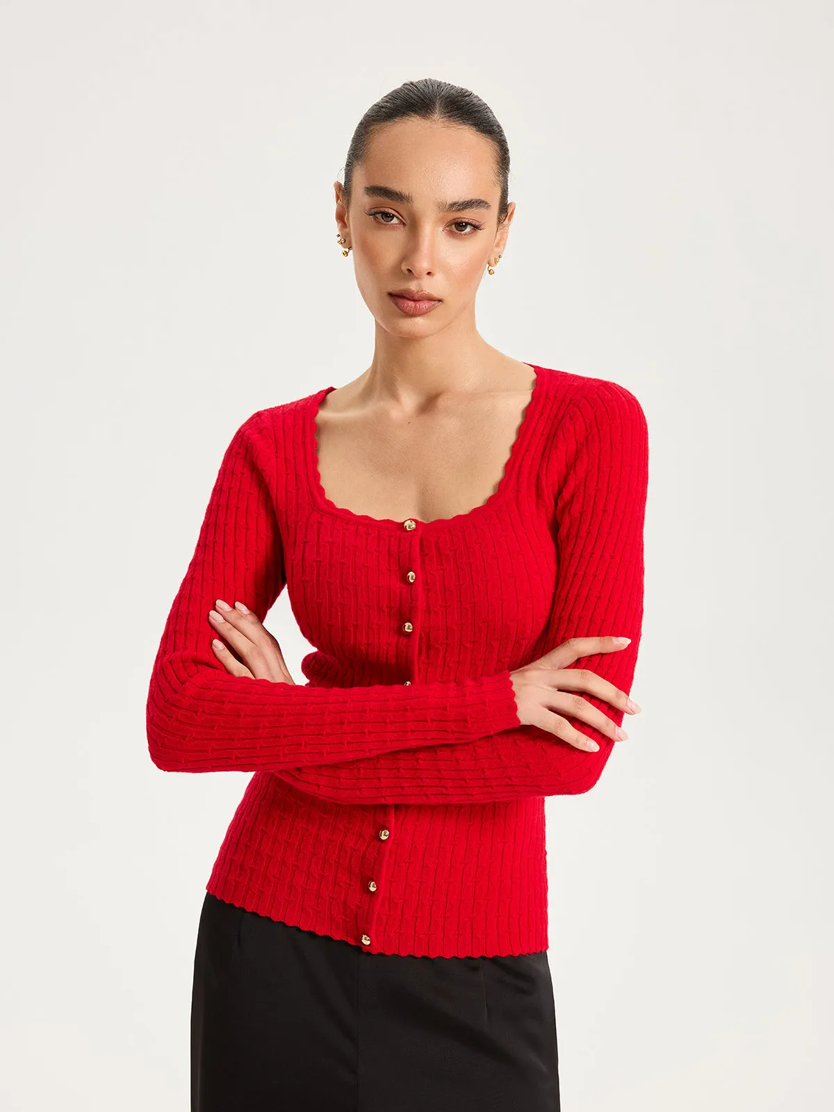 Wool-Blend Cable-Knit Metal Button Cardigan sold by COMMENSE