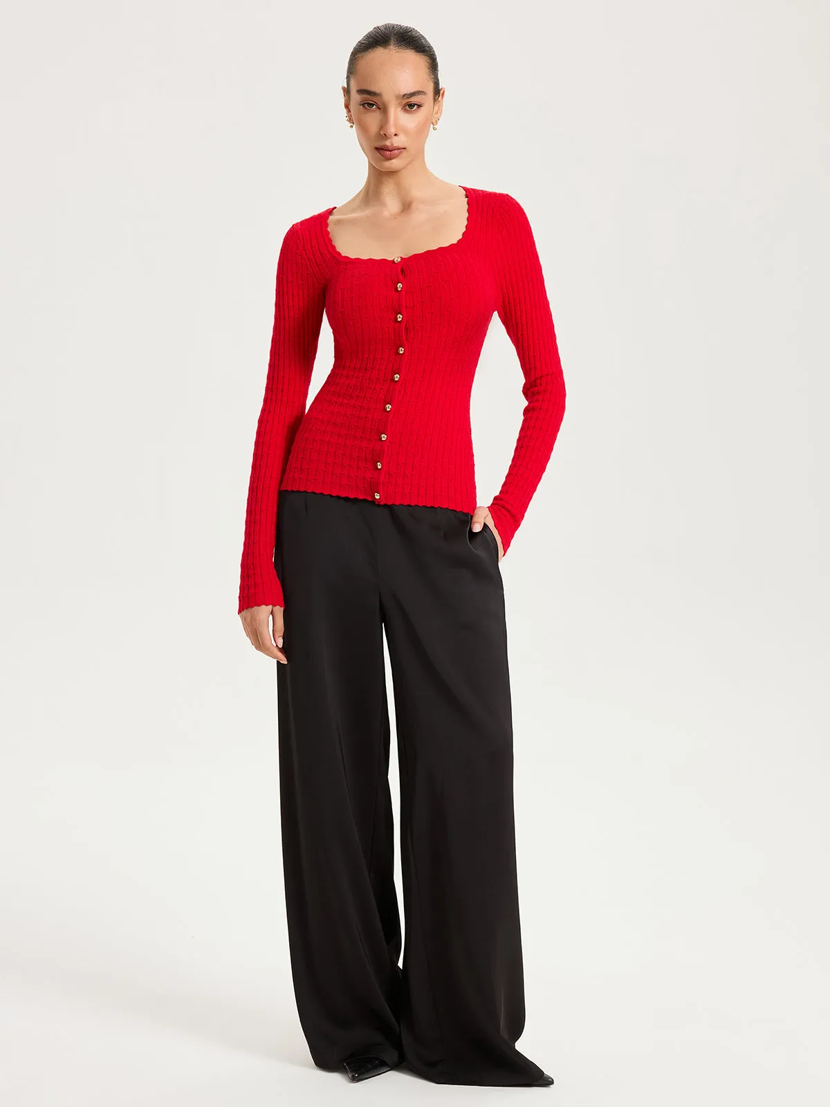 Wool-Blend Cable-Knit Metal Button Cardigan sold by COMMENSE product image thumbnail 2