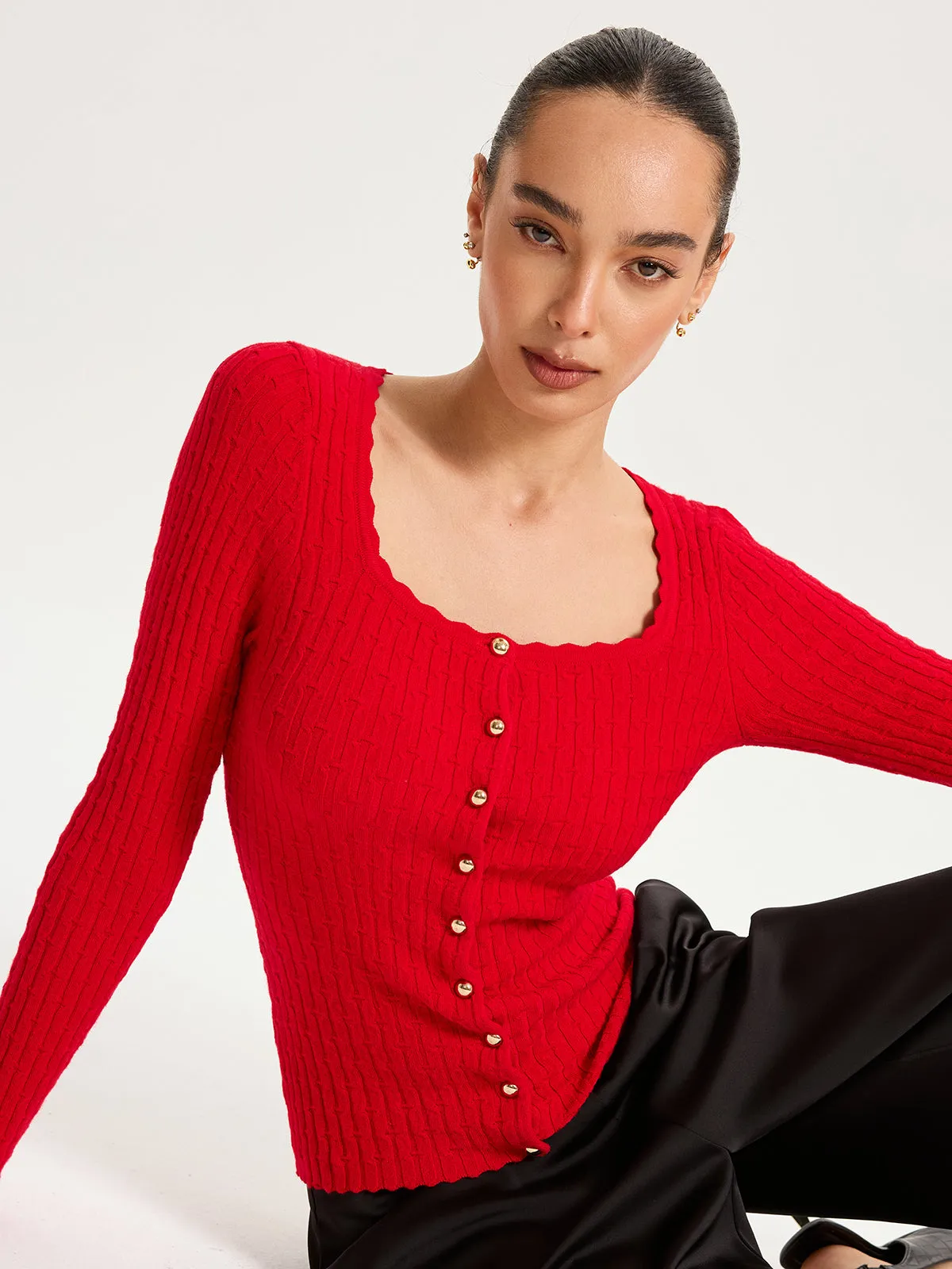 Wool-Blend Cable-Knit Metal Button Cardigan sold by COMMENSE product image thumbnail 3