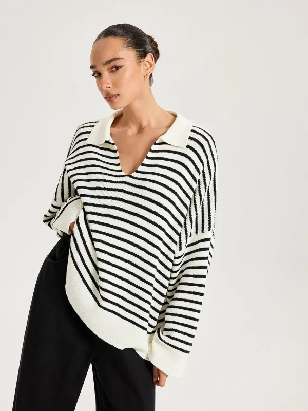 Striped Polo V-Neck Knit Top sold by COMMENSE