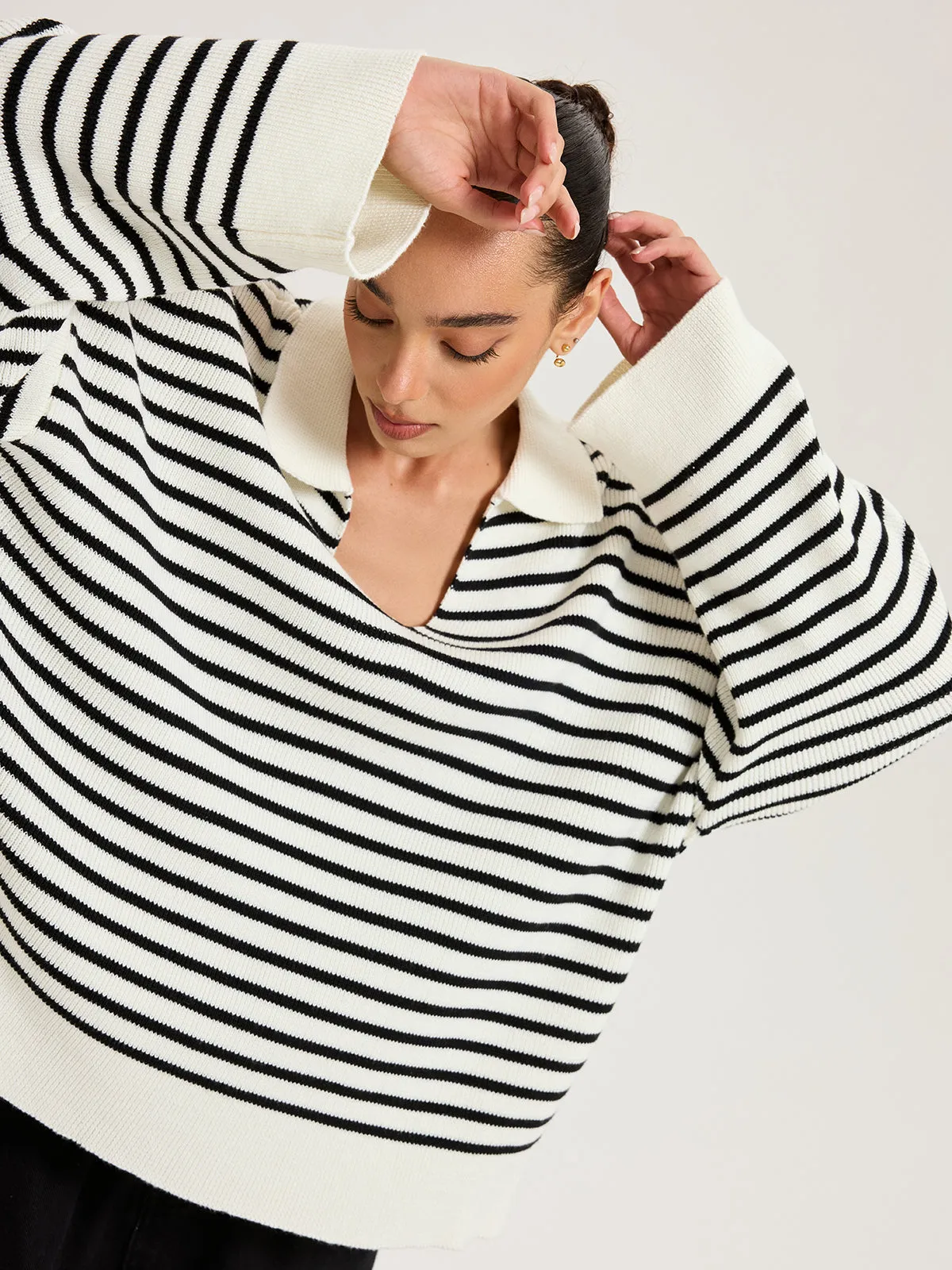 Striped Polo V-Neck Knit Top sold by COMMENSE product image thumbnail 5