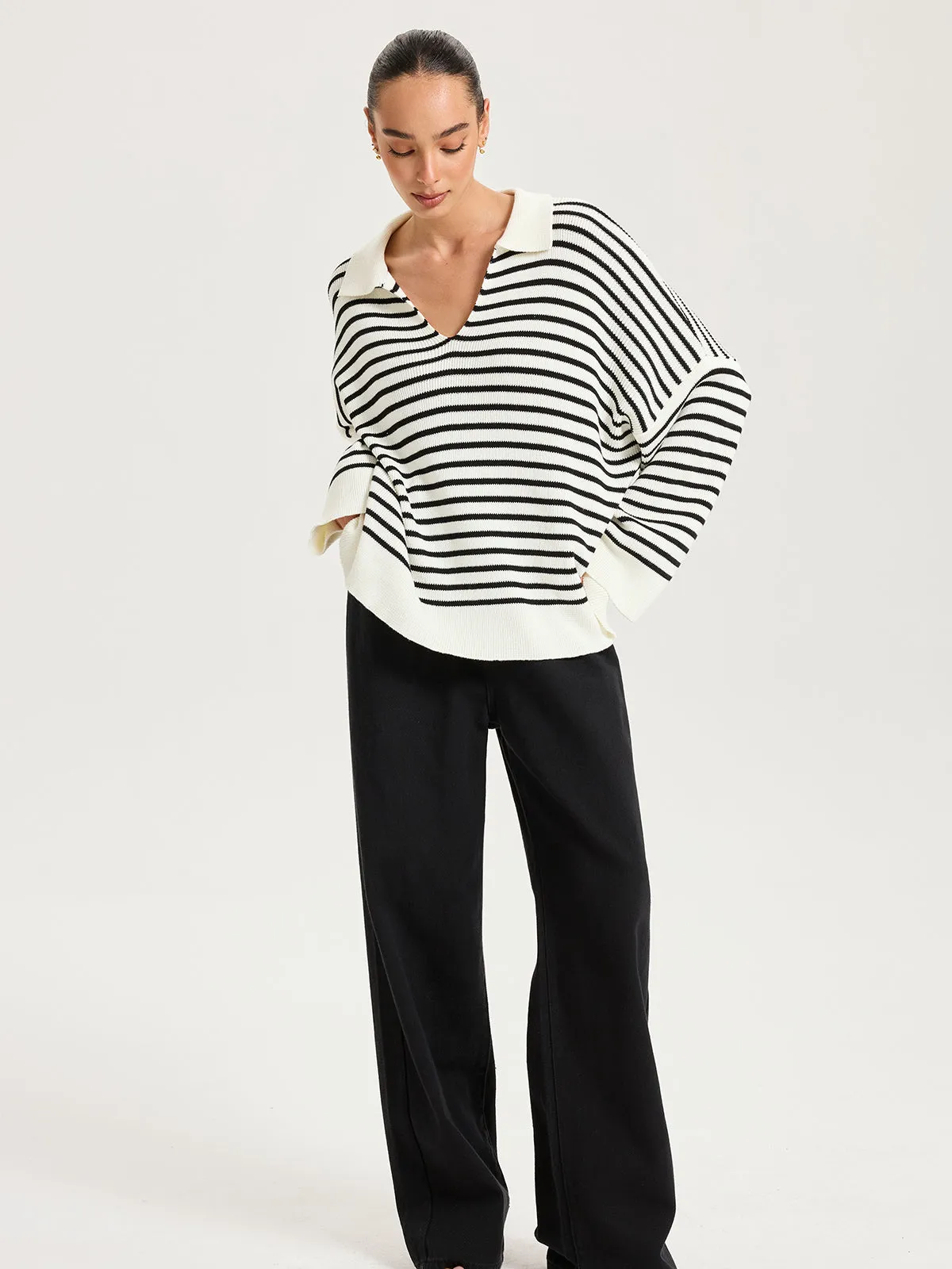 Striped Polo V-Neck Knit Top sold by COMMENSE product image thumbnail 3