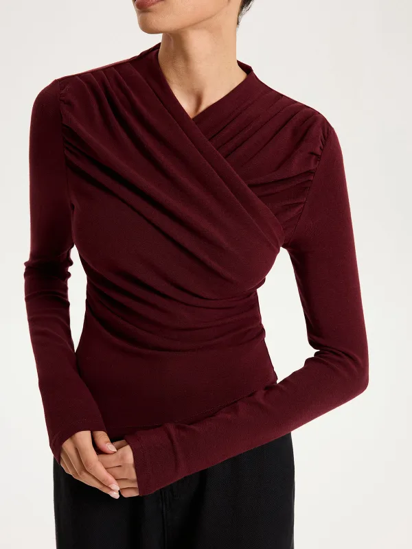 Cross Ruched Long Sleeve Top sold by COMMENSE