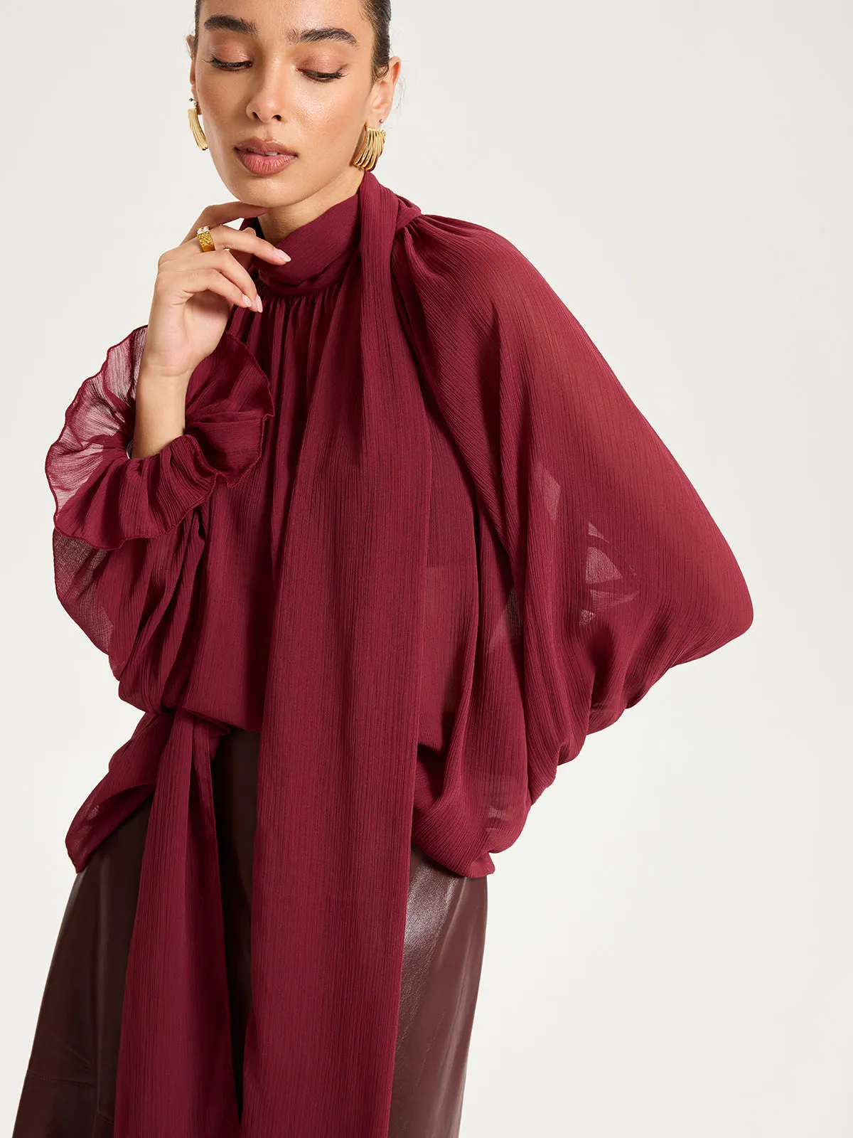 Scarf Neck Semi-Sheer Chiffon Blouse sold by COMMENSE product image thumbnail 3