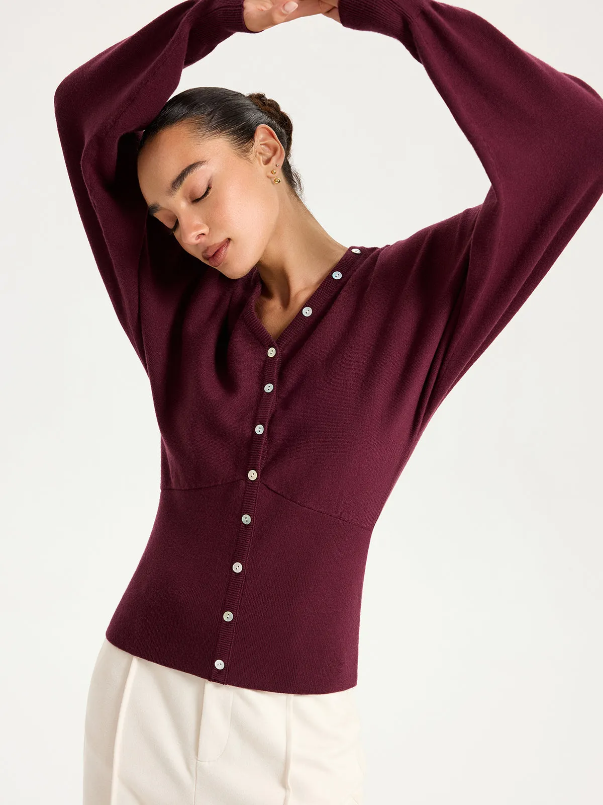 V-Neck Long Sleeve Waist-Cinched Buttoned Cardigan sold by COMMENSE