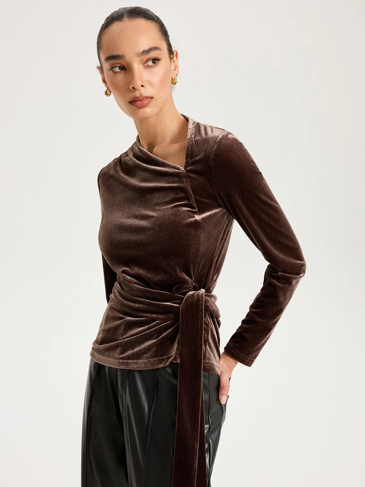 Long Sleeve Knot-Tie Velvet Asymmetric Top sold by COMMENSE