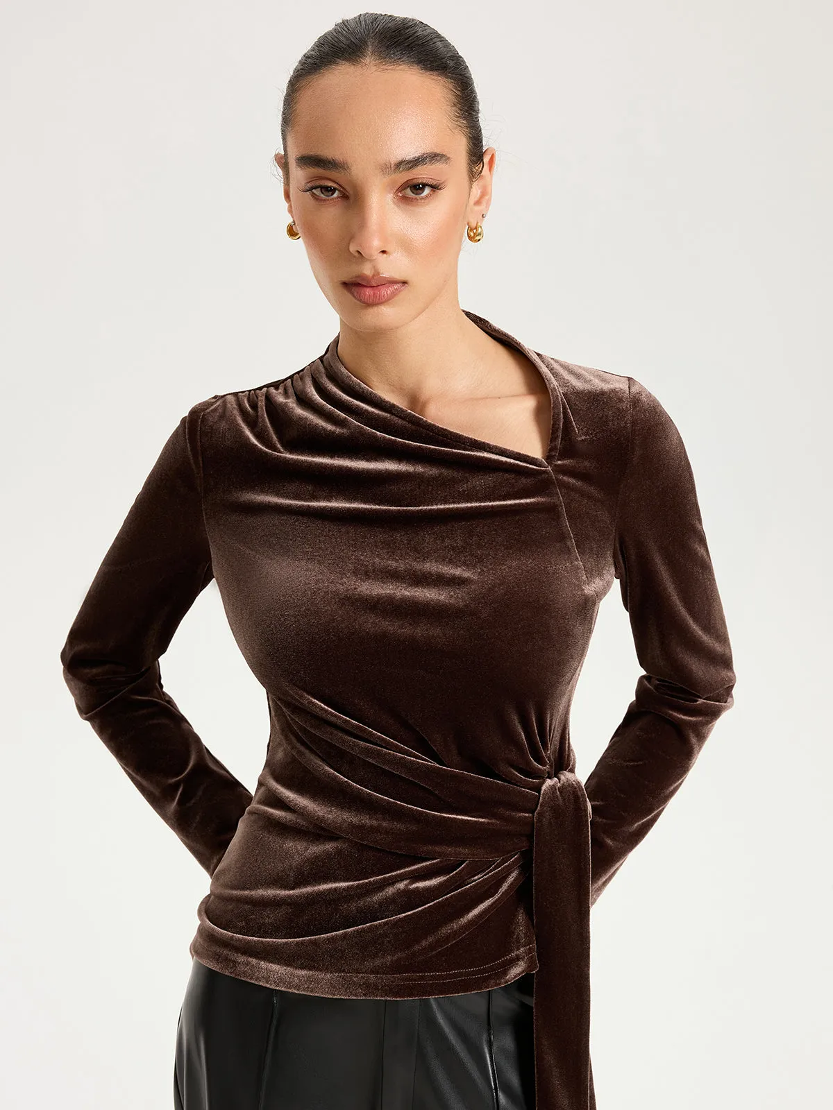 Long Sleeve Knot-Tie Velvet Asymmetric Top sold by COMMENSE product image thumbnail 3