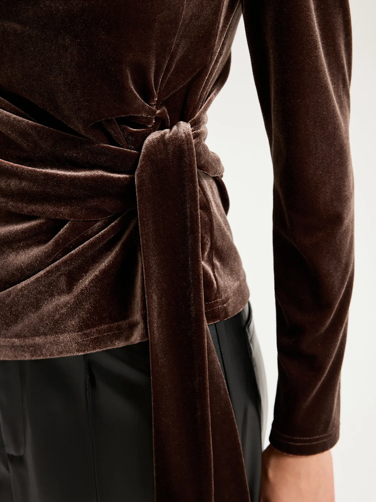 Long Sleeve Knot-Tie Velvet Asymmetric Top sold by COMMENSE product image thumbnail 5