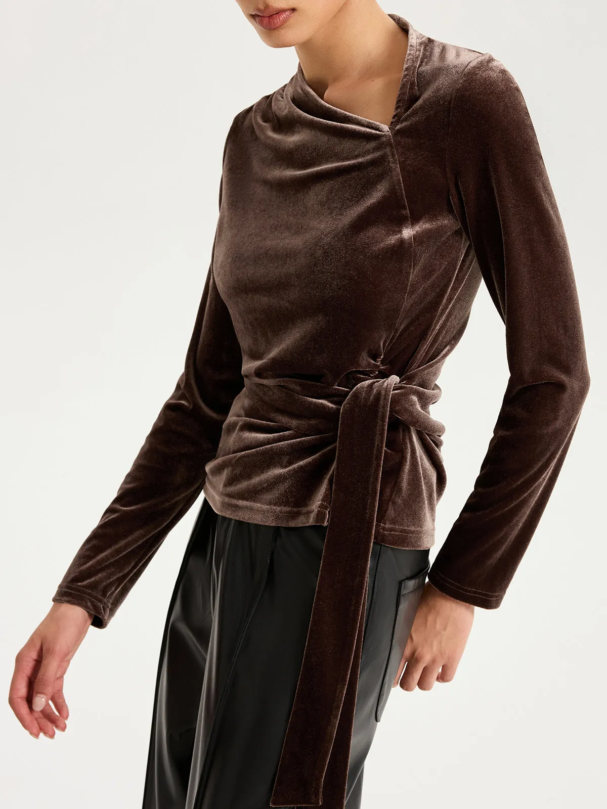 Long Sleeve Knot-Tie Velvet Asymmetric Top sold by COMMENSE product image thumbnail 4