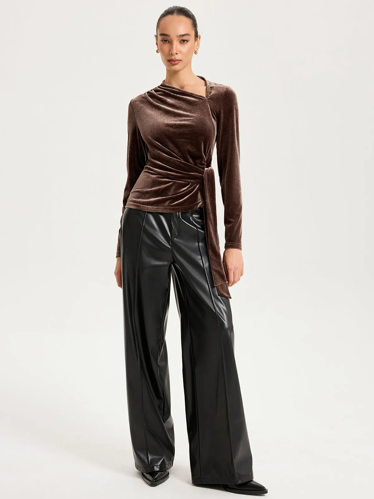 Long Sleeve Knot-Tie Velvet Asymmetric Top sold by COMMENSE product image thumbnail 2