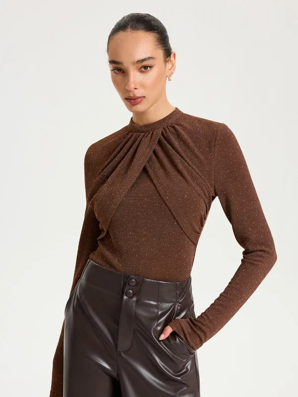 Draped Cross-Front Glitter Knit Top sold by COMMENSE