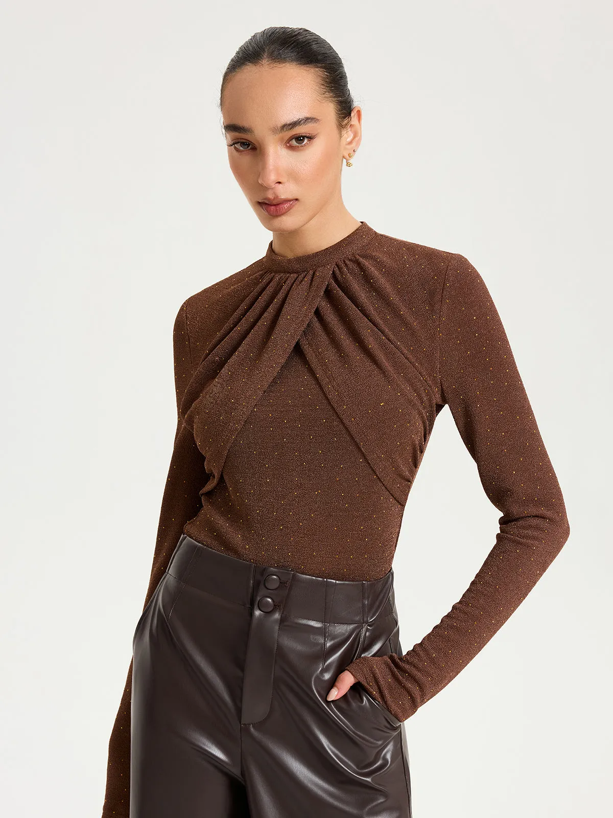 Draped Cross-Front Glitter Knit Top sold by COMMENSE