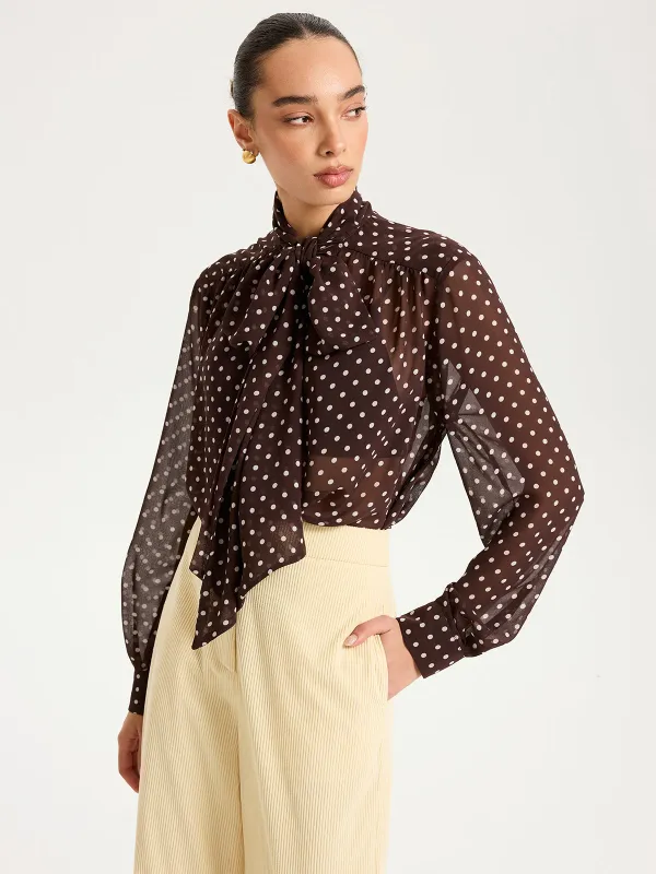Semi-Sheer Polka Dot Chiffon Bow Blouse sold by COMMENSE