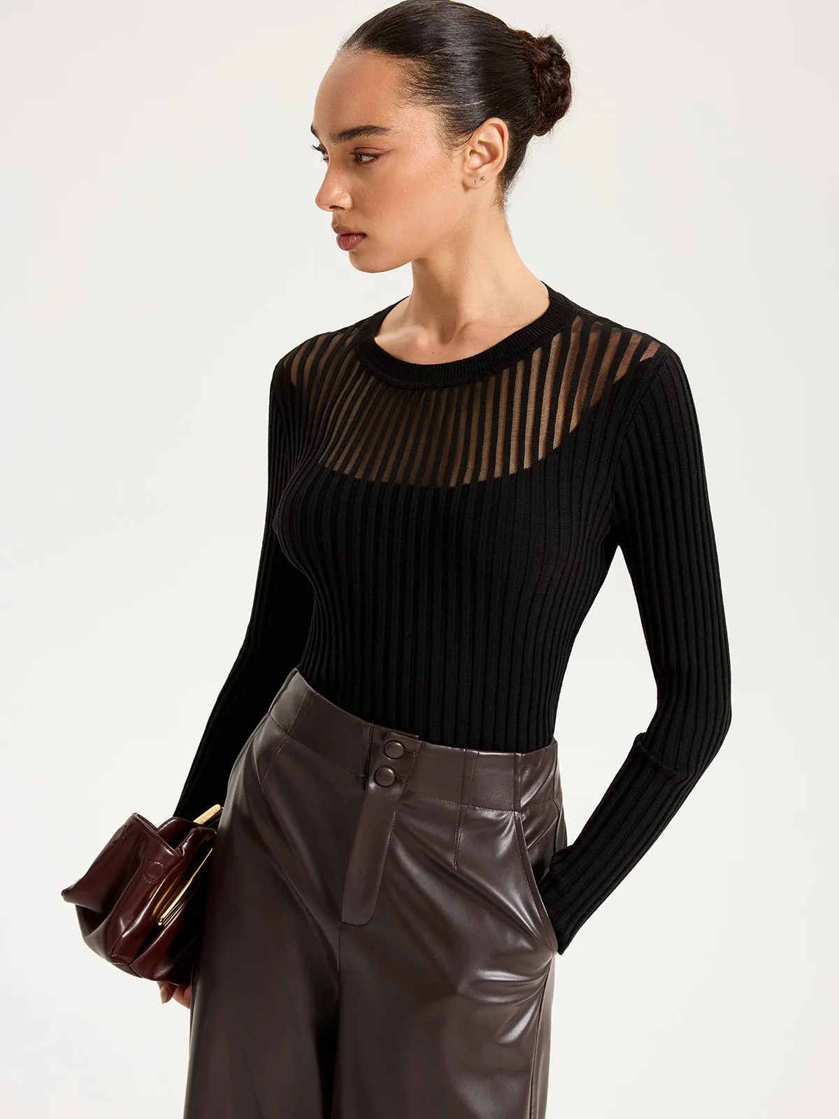 Sheer Panel Ribbed Knit Top sold by COMMENSE